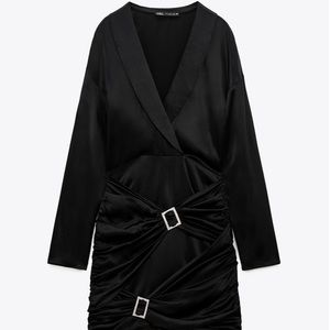 Zara Jewel Trim Satin Effect Dress Black Draped